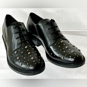 Nine West NW Cape Black leather Oxfords with Studded Toe Cap, Sz 9, NWOB